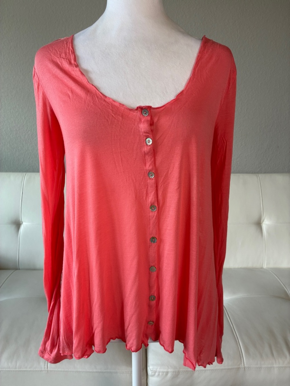 Free People Lace Back Women's Coral Button-Front Long Sleeve Top, Flowy, Breezy